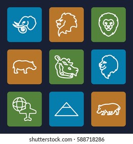 africa icons set. Set of 9 africa outline icons such as lion, hippopotamus, elephant, pyramid