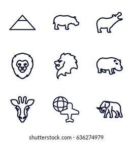 Africa icons set. set of 9 africa outline icons such as giraffe, lion, hippopotamus, elephant, pyramid