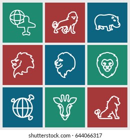 Africa icons set. set of 9 africa outline icons such as giraffe, lion, hippopotamus, globe and plane