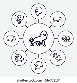 Africa icons set. set of 9 africa outline icons such as lion, elephant, hippopotamus