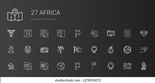 africa icons set. Collection of africa with egypt, flag, flags, earth globe, map, elephant, planet earth, egyptian, monkey, lion, globe. Editable and scalable africa icons.