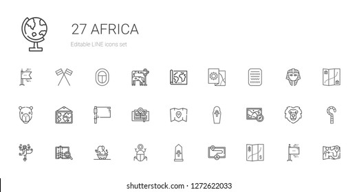 africa icons set. Collection of africa with map, egypt, elephant, monkey, flag, camel, flags, lion, egyptian, giraffe, globe. Editable and scalable africa icons.