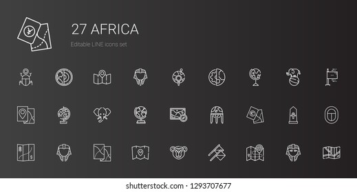 africa icons set. Collection of africa with map, flags, monkey, egypt, earth globe, elephant, globe, planet earth, global, egyptian, earth. Editable and scalable africa icons.
