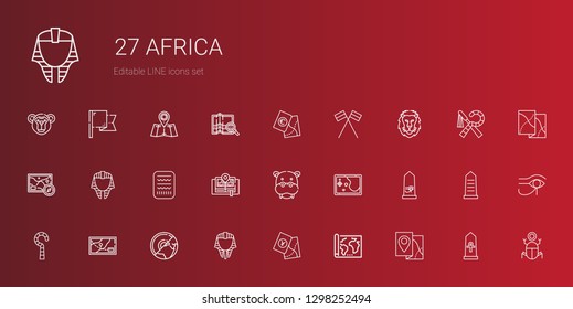 africa icons set. Collection of africa with map, egyptian, earth, egypt, hippopotamus, lion, flags, flag, monkey. Editable and scalable africa icons.