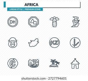 africa icons set - moroccan dirham, sudanese pound, baobab, rwandan franc, hut outline vector collection.