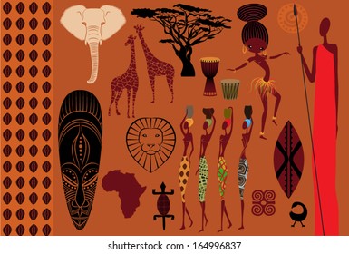 Africa: Icons, Symbols and Seamless Pattern - Set of Africa-themed design elements, including African mask, Masai warrior, African dancer, women, wildlife and seamless pattern