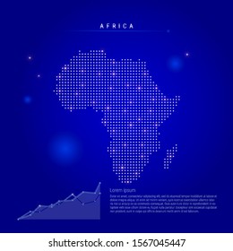 Africa illuminated map with glowing dots. Infographics elements. Dark blue space background. Vector illustration. Growing chart, lorem ipsum text.