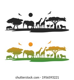 Africa Illustration Clip Art Design Scene. Collection Silhouettes Icon Nature Animals.