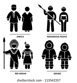 Africa Indigenous People Red Indian Eskimo Man Woman People National Traditional Costume Dress Clothing Icon Symbol Sign Pictogram