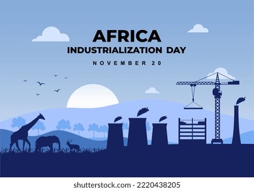 Africa industrialization day background with factory and animals forest on blue color.