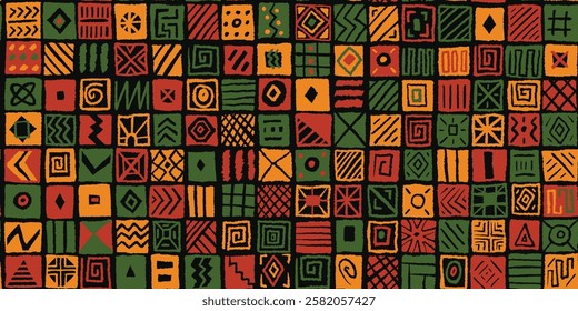 Africa inspired ethnic tribal block tile pattern with simple naive hand drawn ornaments, lines, symbols. Red yellow green black limited color palette