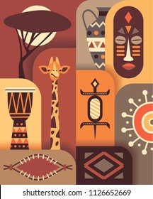 Africa jungle ethnic culture travel icons set. Vector flat illustration. Color background. Giraffe, music drum, shield, tree, lizard, jug, mask.