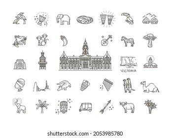 Africa jungle ethnic culture travel icons set outline isolated vector illustration