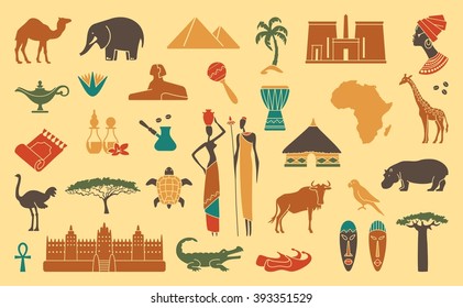 Africa jungle ethnic culture travel icons set