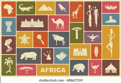 Africa jungle ethnic culture travel icons set