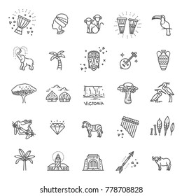 Africa jungle ethnic culture travel icons set outline isolated vector illustration