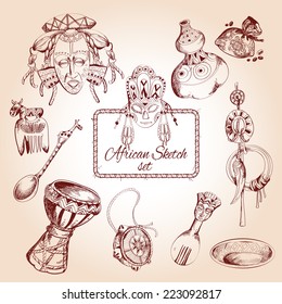 Africa jungle ethnic tribe culture travel sketch decorative icons set isolated vector illustration