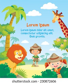 Africa jungle landscape animals wildlife and scouts boy and gir in rainforest. Lion and giraffe on palms background.