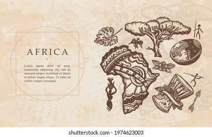 Africa. Kalimba, map, drum. Tradition and culture. Renaissance background. Medieval manuscript, engraving art 