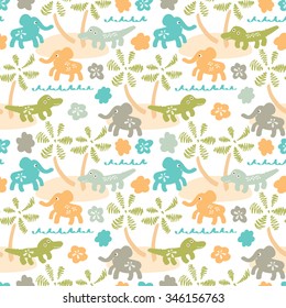 Africa. Kids seamless pattern. Funny cartoon elephants and crocodiles.
