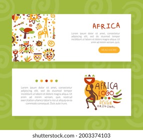Africa Landing Page Templates Set, Traditional African Culture Logo Design Vector Illustration