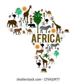 Africa landmark map silhouette icons on white background, vector illustration