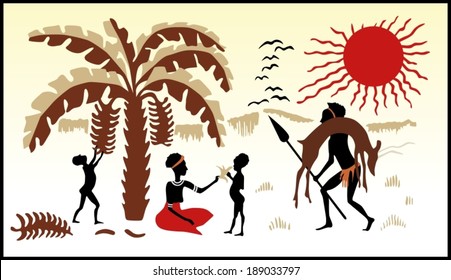 Africa landscape background. Hunter African family and sun set