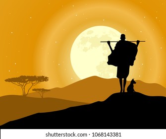 Africa landscape background. Hunter, animal silhouettes and moon rise. African savanna