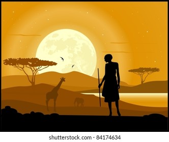 Africa landscape background. Hunter, animal silhouettes and moon rise