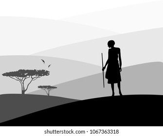 Africa Landscape Background. Hunter In The Desert 