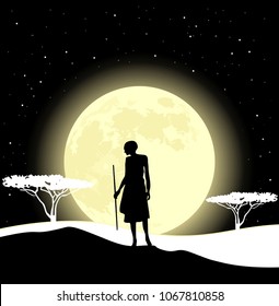 Africa landscape background. Hunter, trees silhouettes and moon rise