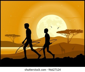 Africa landscape background. Hunters, animal silhouettes and moon rise