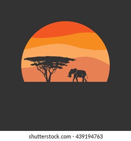 Africa landscape icon flat design background with elephant silhouette