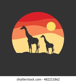 Africa landscape icon flat design background with giraffe silhouette