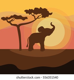 Africa landscape icon flat design background with elephant silhouette. Vector illustration