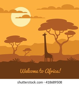 Africa Landscape Illustration With Cute Giraffe Silhouette And African Trees. Can Be Used For Touristic Or Safari Banner, Poster Design