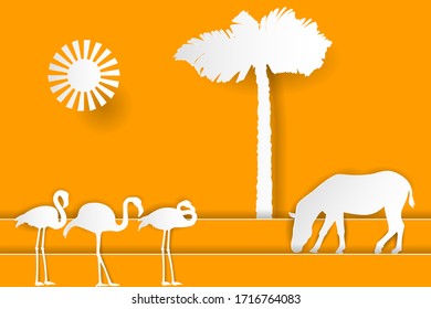 Africa Landscape With Silhouettes Of Zebra, Flamingo And Palm Tree. Paper Cut Shapes And Layers Style