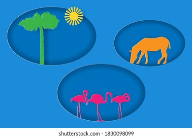 Africa Landscape With Silhouettes Of Zebra, Flamingo And Palm Tree. Paper Cut Shapes And Layers Style. Vector EPS10