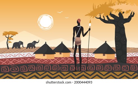 Africa Landscape, Village And African People Vector Illustration. Cartoon Man Aborigine With Spear Standing Near Houses In Abstract Geometric Savanna, Sun In Sky, Trees And Elephant Animals Background