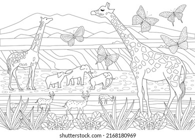 africa landscape with wild animals for your coloring book