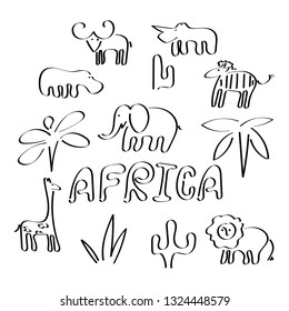 Africa, lettering. Cute animal cartoon character. Hand drawn. Vector illustration.