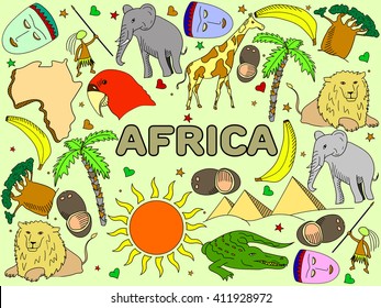 Africa line art design vector illustration. Separate objects. Hand drawn doodle design elements.
