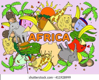 Africa line art design vector illustration. Separate objects. Hand drawn doodle design elements.