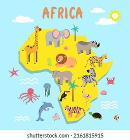 Mapa de caricaturas de África continental con fauna local. Vector plano de animales africanos. Predador de Savannah. Especies del desierto. Vida silvestre de la jungla. Océano Atlántico. Concepto de naturaleza para niños libro ilustrativo de EPS