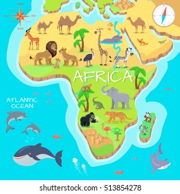 Africa mainland cartoon map with local fauna. Cute african animals flat vector. Savannah predator. Desert species. Jungle wildlife. Atlantic ocean life. Nature concept for children's book illustrating