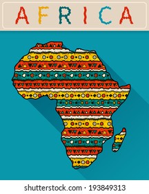 Africa mainland with colorful ornament and long shadow effect. Vector background