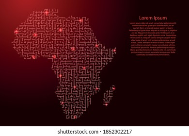 Africa mainland map from red pattern of the maze grid and glowing space stars grid. Vector illustration.
