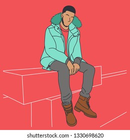 africa man sit pose in a fashion winter jacket hand drawn style vector design illustrations