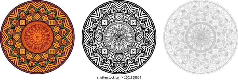 Africa mandala circular pattern in solid and outline form. Polynesia pattern for coloring books, decoration, ornament, tattoo, home decor, tapestries. Aztec pattern for tapestry home decoration. svg