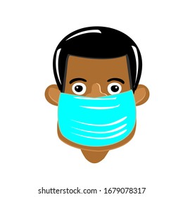 Africa man's face wearing a medical virus mask, vector illustration, protection and healthcare
